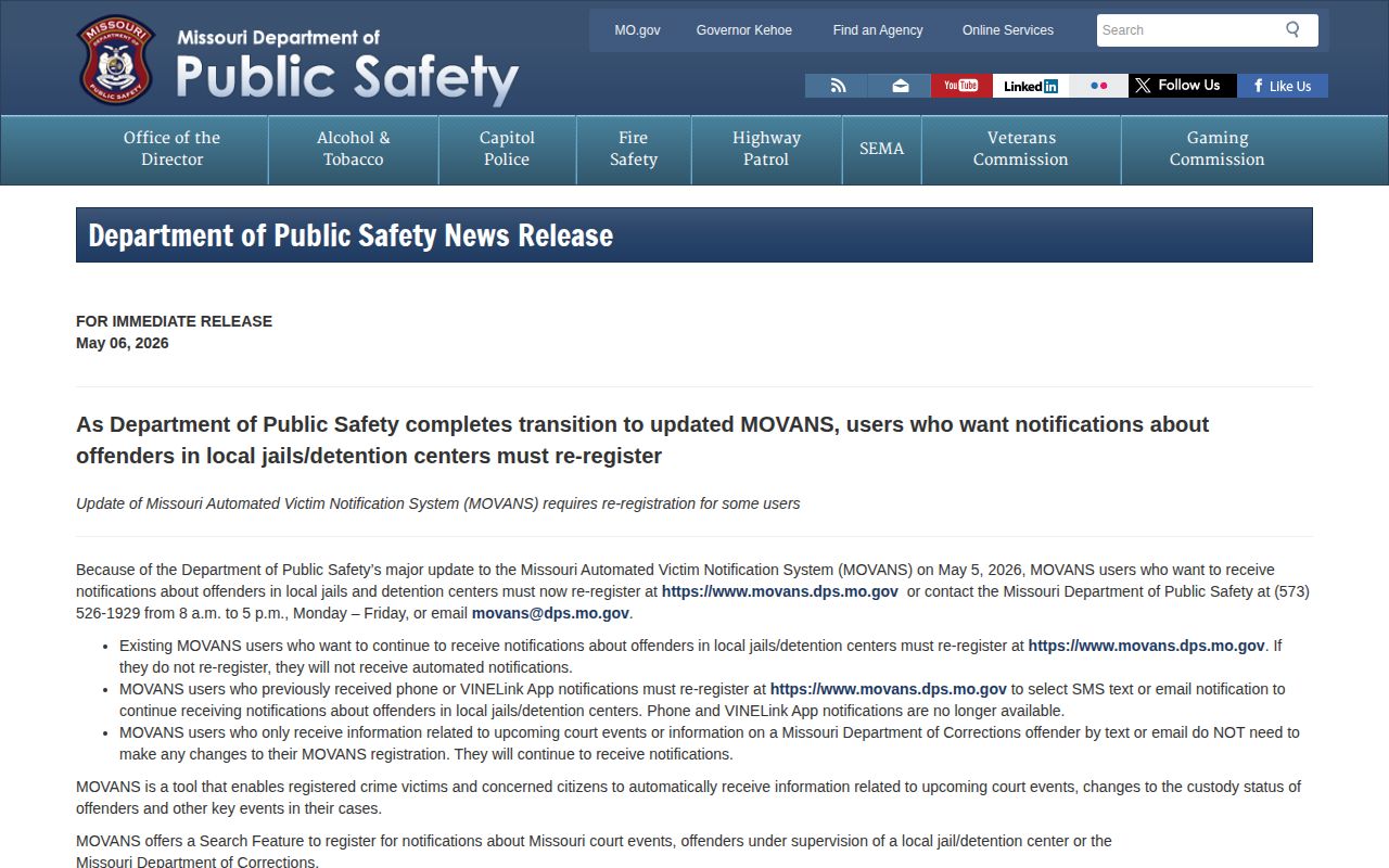 Missouri MOVANS Audrain County jail arrest alert change