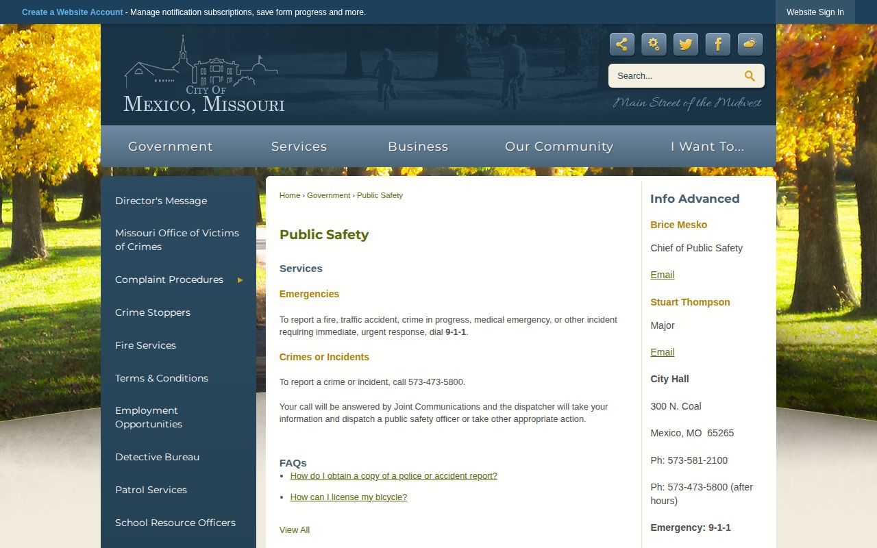 Official Mexico Public Safety contact and services page